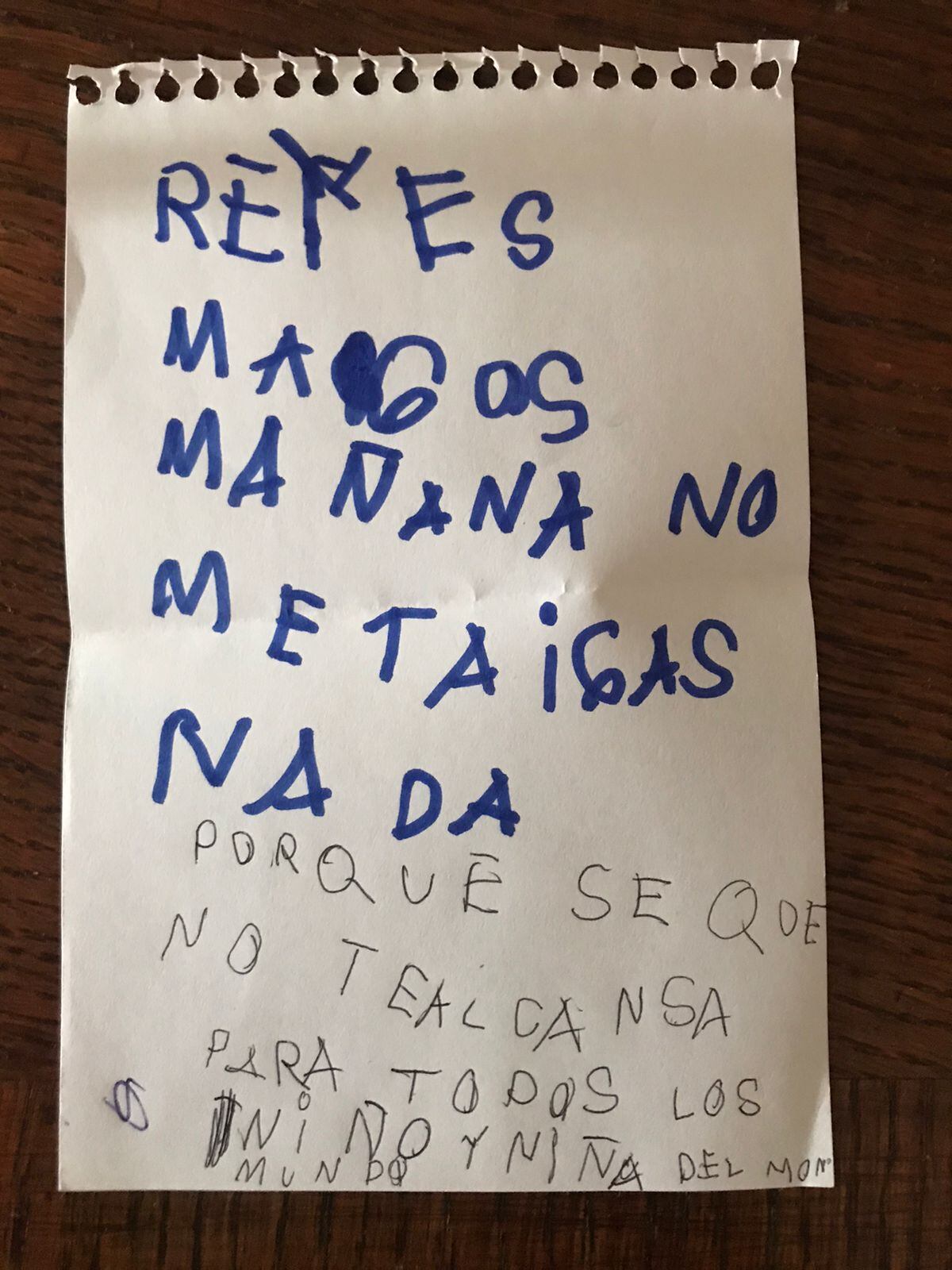 La conmovedora carta de Trini, la cordobesita de 6 años, a los Reyes Magos. (Gentileza)