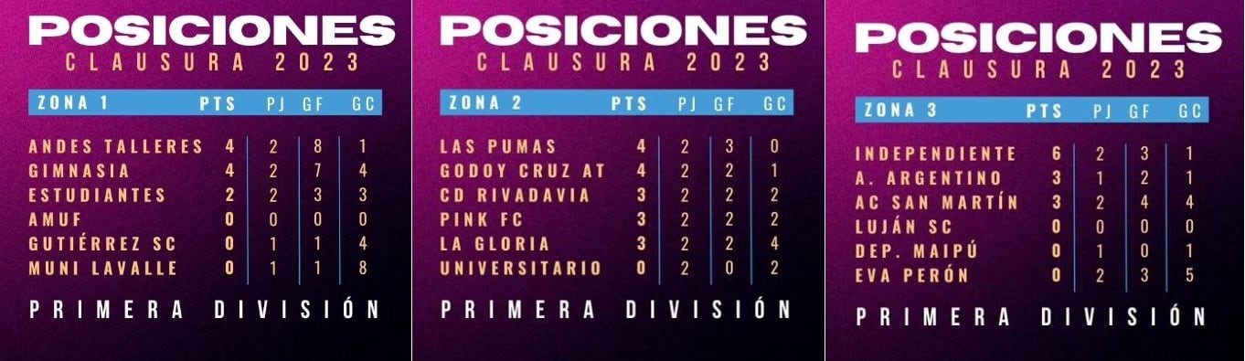 Tabla de posiciones Liga Mendocina- femenino