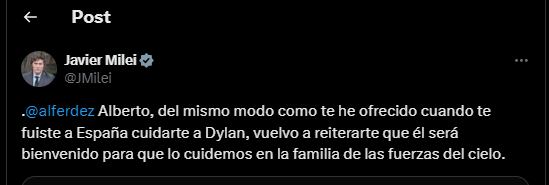 Javier Milei se ofreció a cuidar a Dylan, el perro de Alberto Fernández