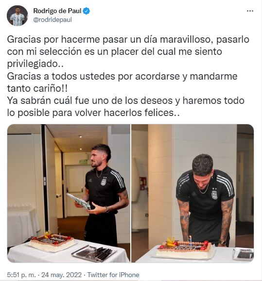 El mensaje de Rodrigo De Paul en su cumpleaños