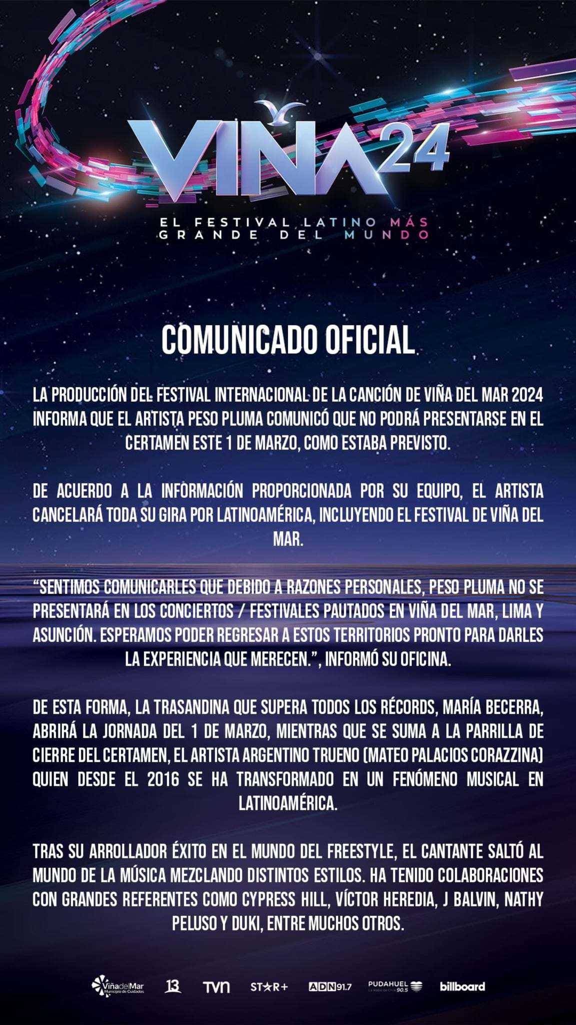 El comunicado del Festival de Viña del Mar frente a la baja de Peso Pluma