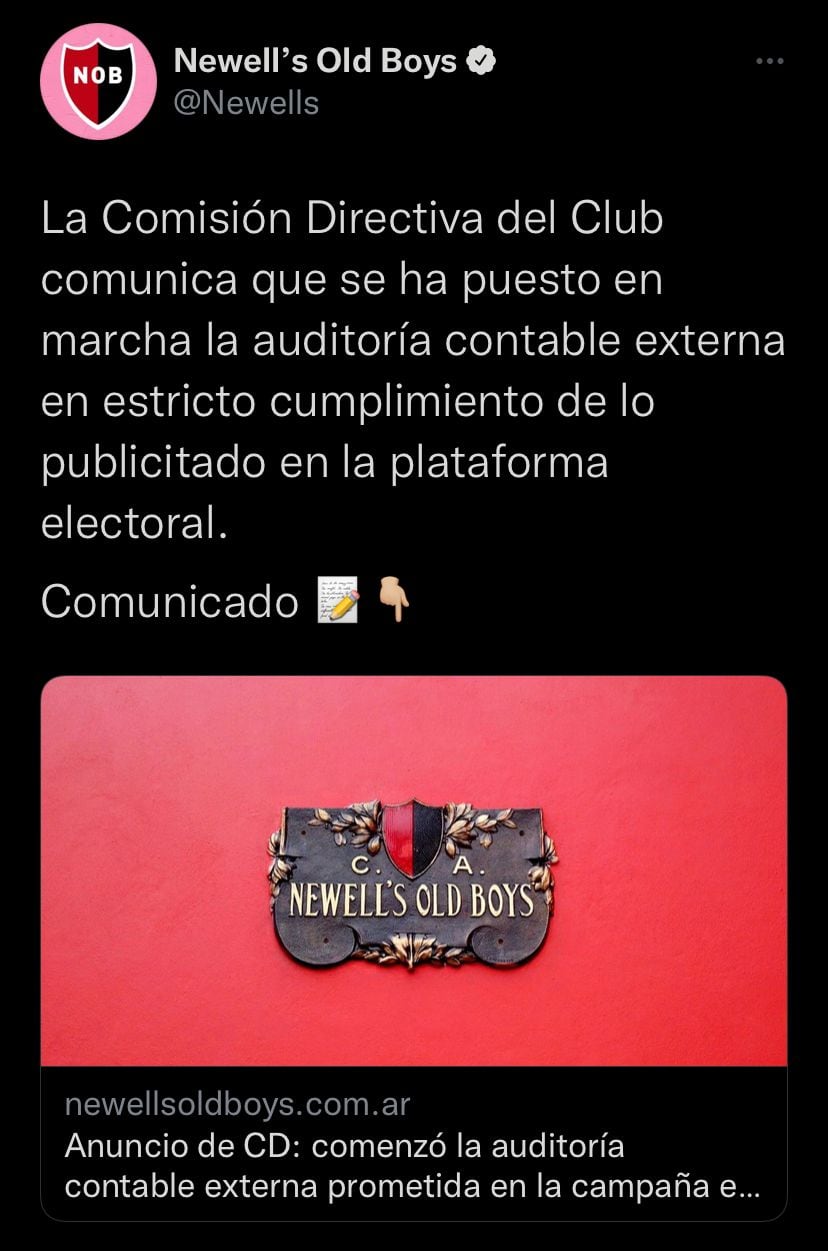 Newell's anunció el comienzo de la auditoría contable a través de sus redes oficiales. (Captura Twitter)