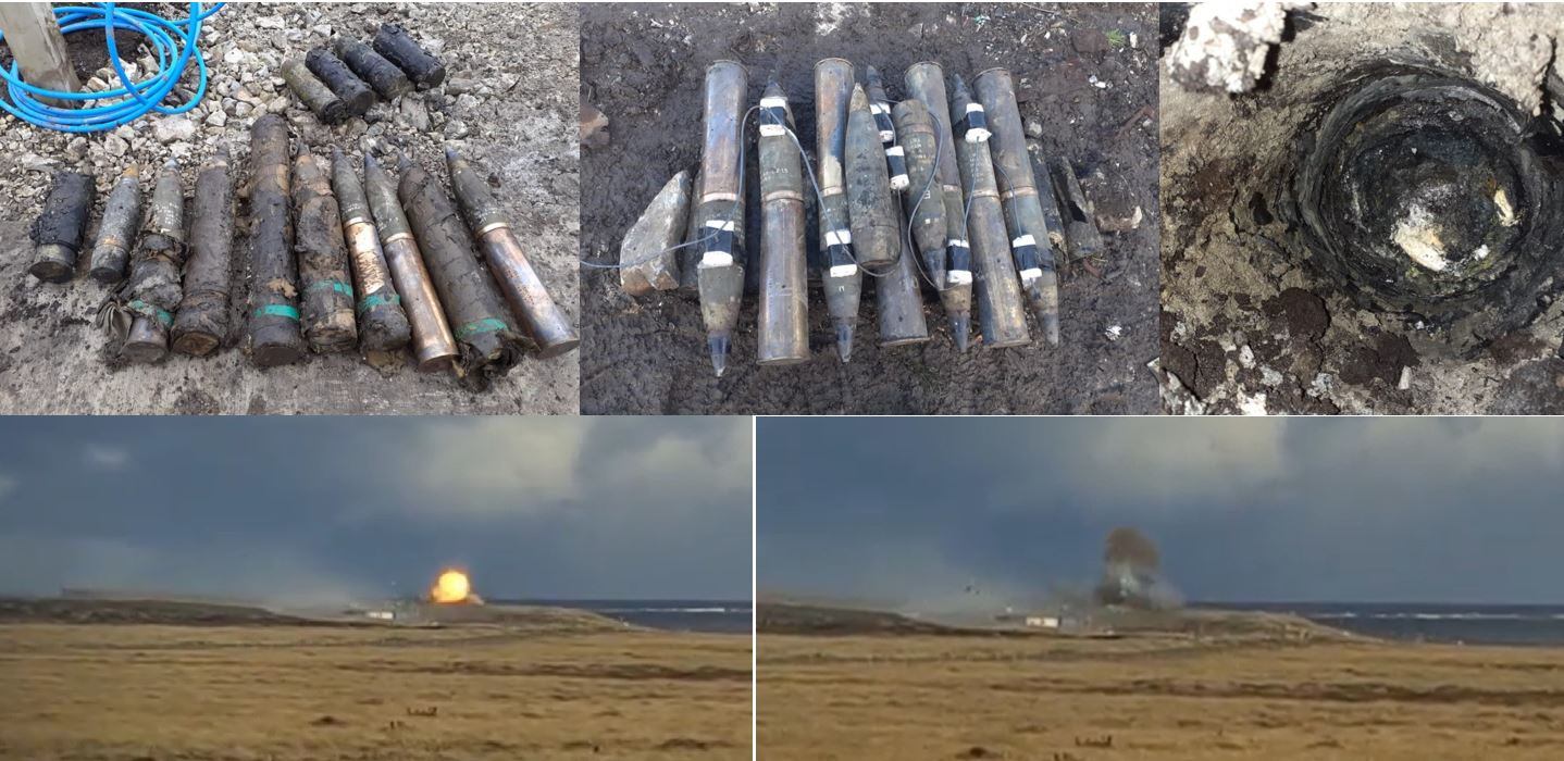 Mosaico del materia encontrado y las detonaciones en Malvinas.