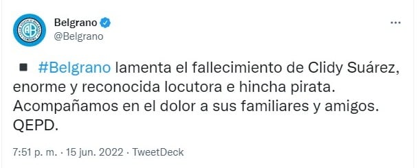 El club Belgrano dedicó un mensaje a la ex integrante de su comisión directiva.