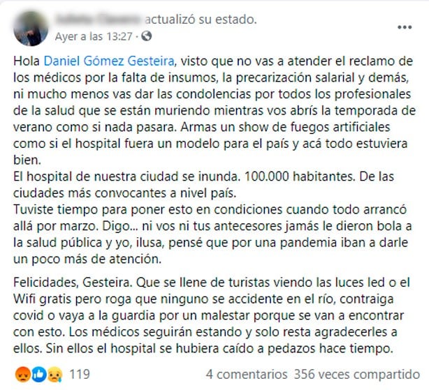 Descargo en Facebook ante las malas condiciones del Hospital Sayago.