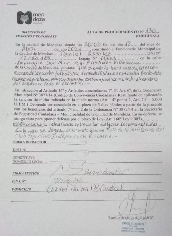 La Municipalidad de Mendoza sancionó al club Independiente Rivadavia por el uso de pirotecnia.