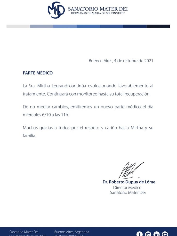 El parte médico de Mirtha Legrand de este lunes 4 de octubre.