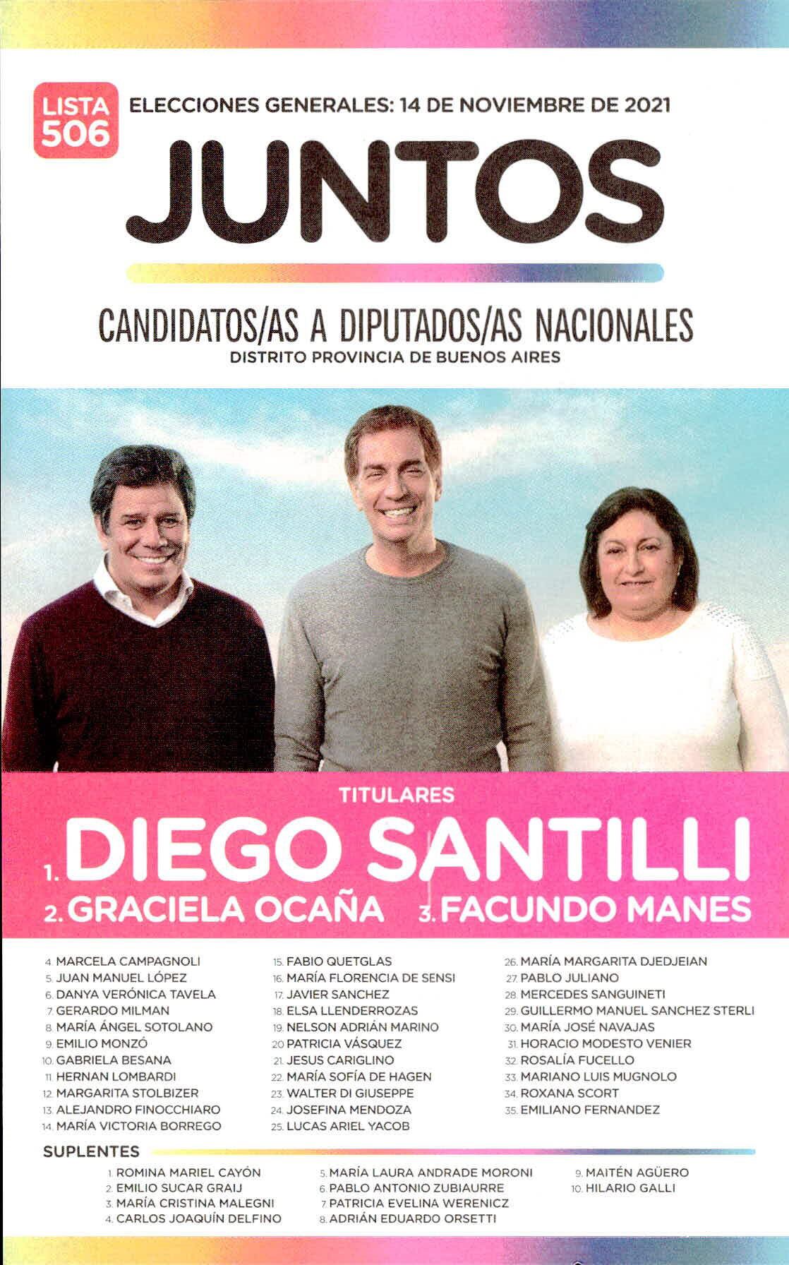 Boleta electoral de "Juntos por el Cambio" para las Elecciones 2021 en la Provincia de Buenos Aires, con Diego Santilli a la cabeza de la lista.