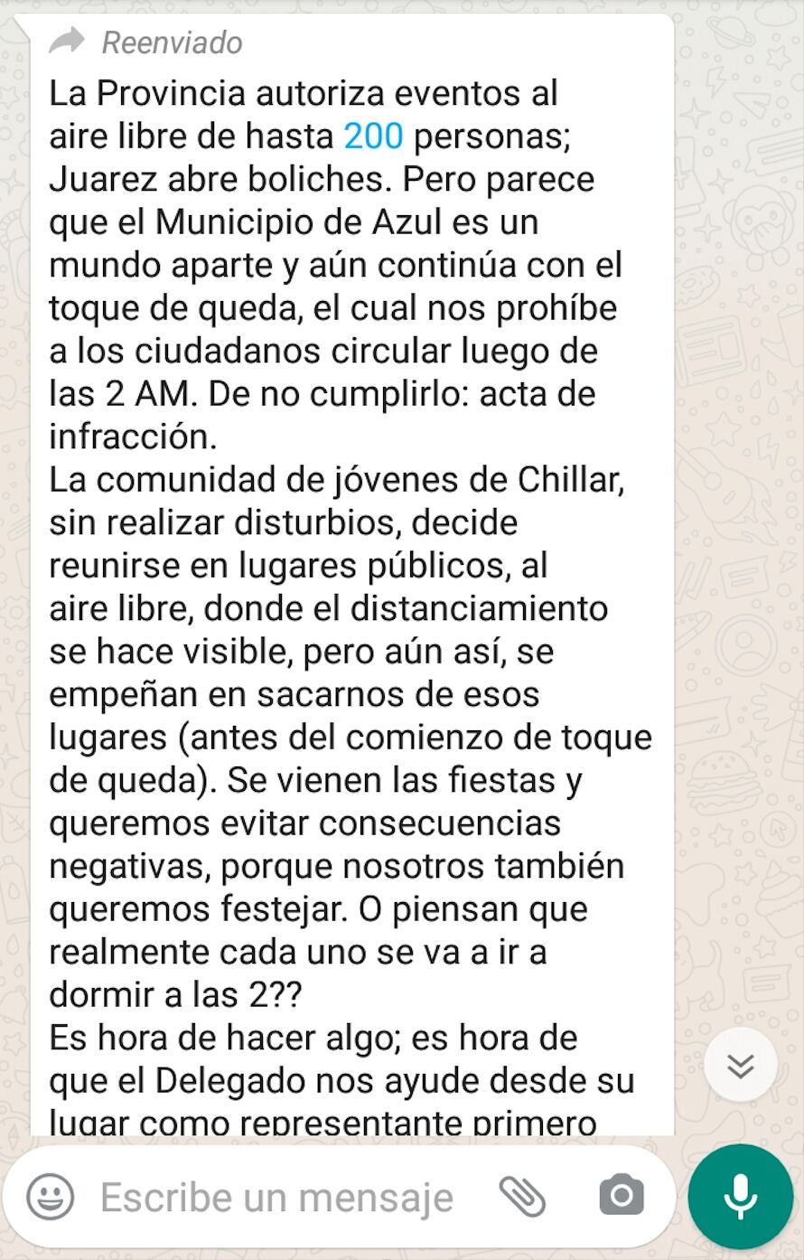 La protesta de los jóvenes de Chillar