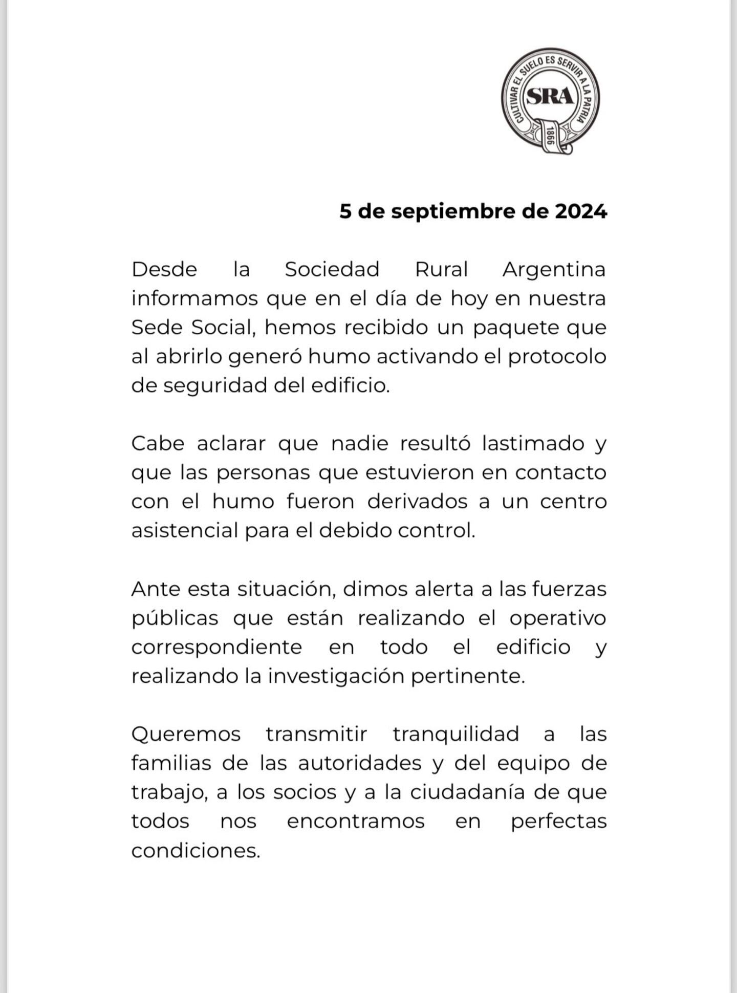 La Sociedad Rural Argentina sacó un comunicado para aclarar el hecho.