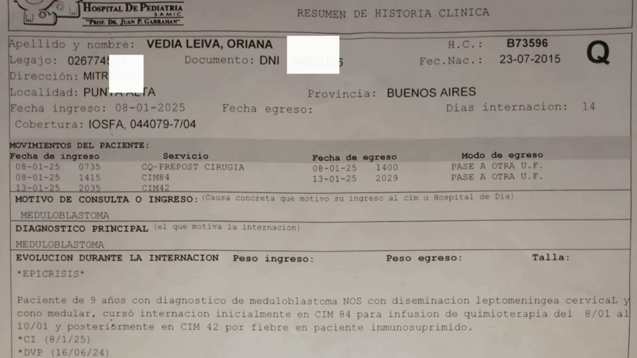 Oriana Vedia Leiva y su diagnóstico