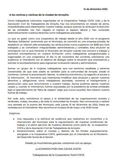 Carta enviada por la trabajadoras costureras de la Cooperativa de Trabajo