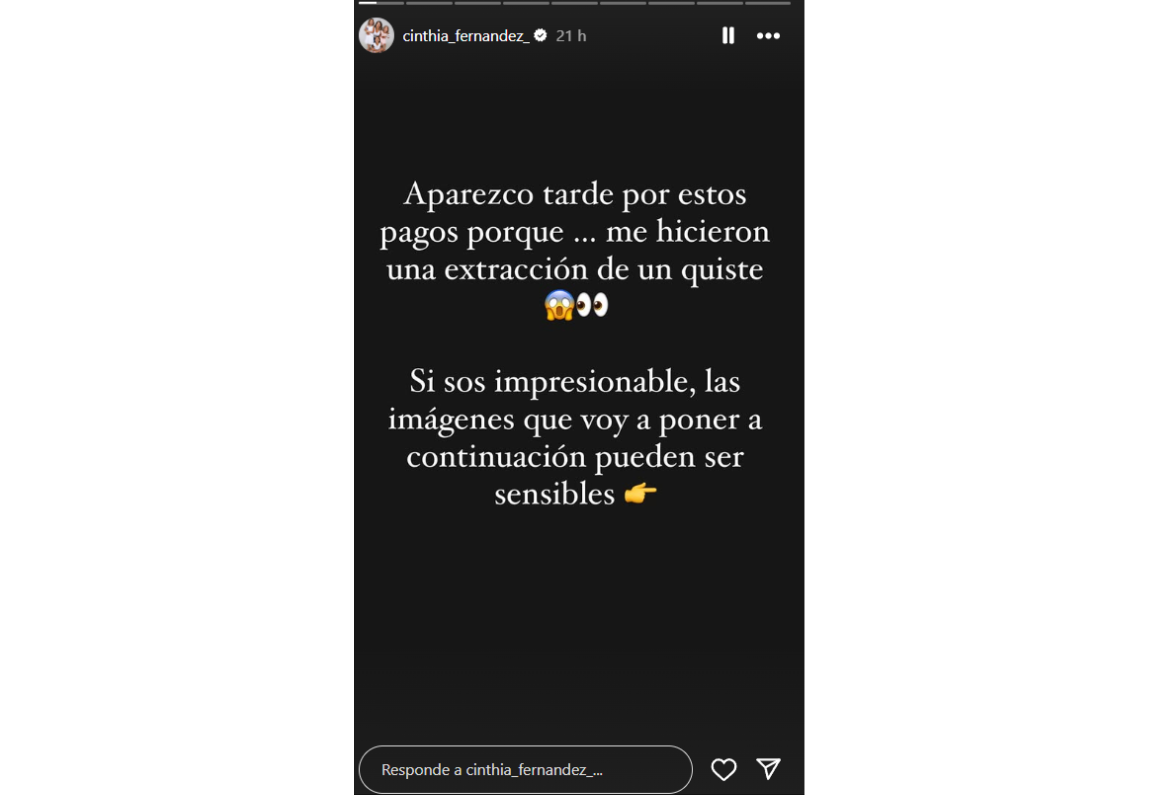 Cinthia compartió con sus seguidores el complicado momento de salud que vivió.