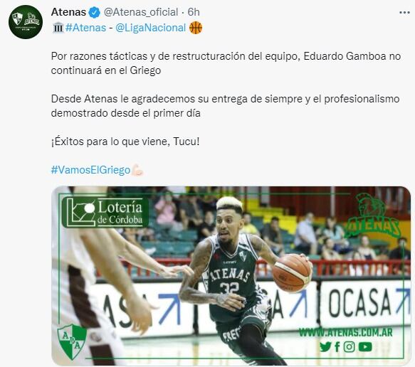 Atenas "cortó" a Eduardo Gamboa "por razones tácticas".