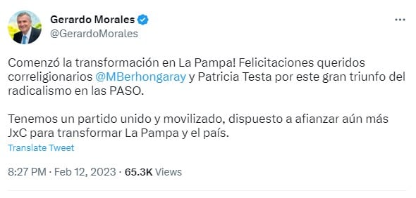 El mensaje del gobernador de Jujuy frente a la victoria del radicalismo en las internas de La Pampa.