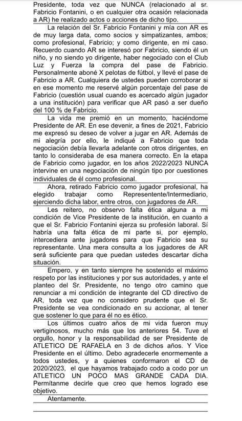 Esta es la carta de la renuncia de Silvio Fontanini a vicepresidente 1° de Atlético de Rafaela