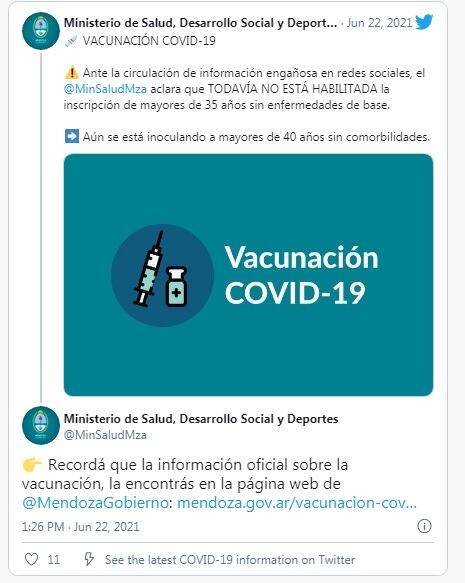 El mensaje del ministerio de Salud aclarando la situación. Gentileza