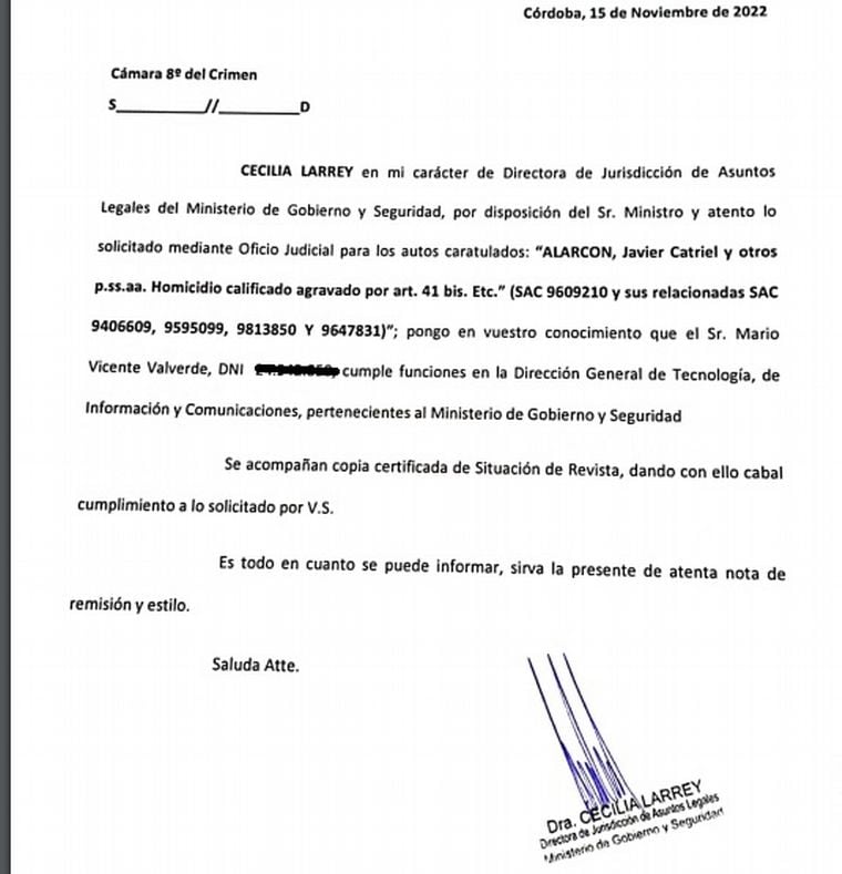 Carta de la directora de la Jurisdicción de Asuntos Legales del ministerio, Cecilia Larrey.