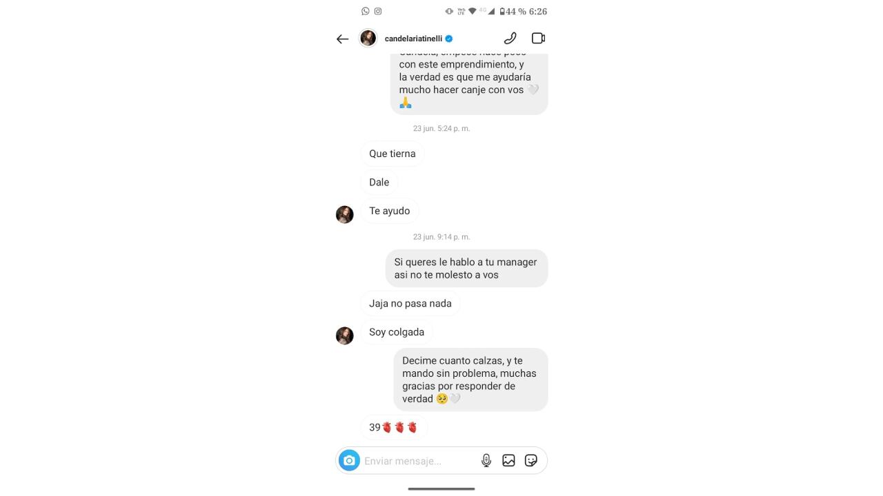 El supuesto chat entre Cande Tinelli y una emprendedora