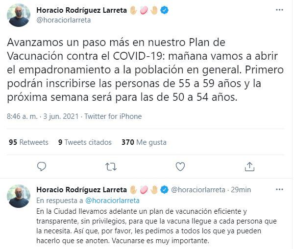 Horacio Rodríguez Larreta, jefe de Gobierno porteño, anunció la apertura del empadronamiento para personas de 50 a 59 que quieran vacunarse contra el COVID-19.