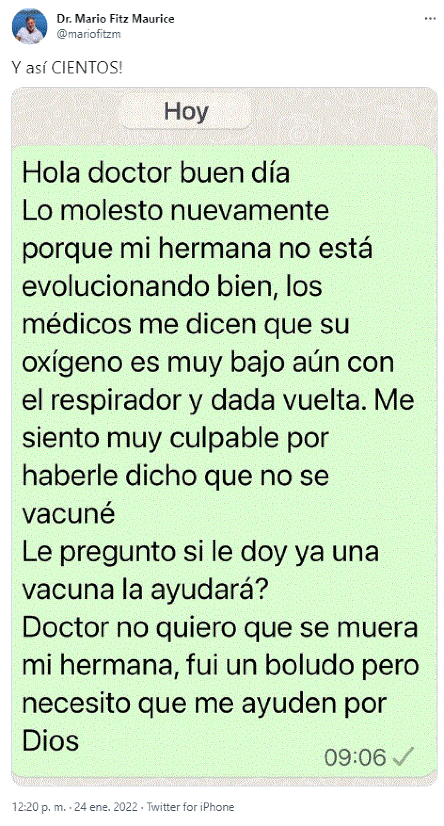 La captura de pantalla de la conversación que el médico mantuvo con el hombre antivacunas, y que el profesional de la salud decidió publicar en Twitter.