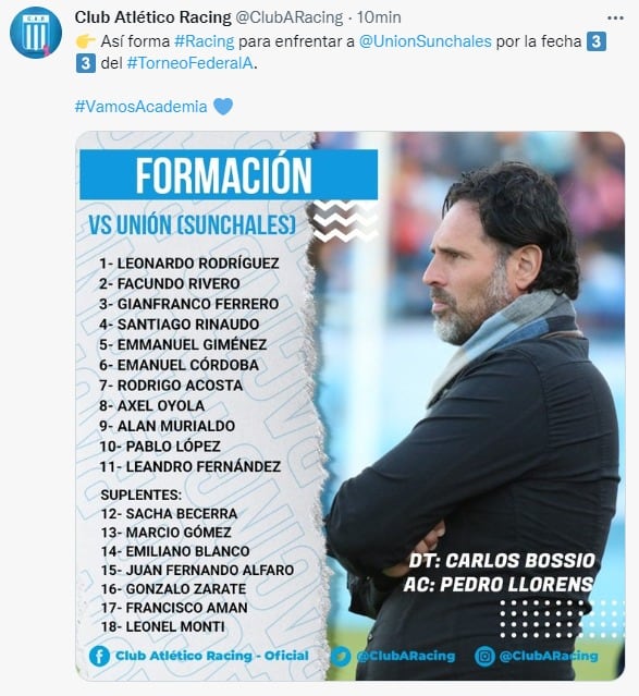 Carlos Bossio dispuso tres cambios en la formación de Racing en Sunchales.