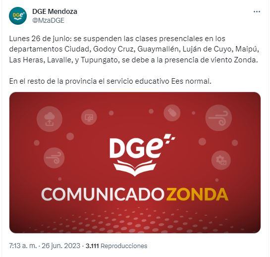 DGE suspendió las clases por Zonda