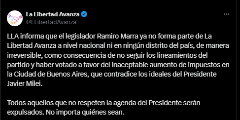 El mensaje de LLA para anunciar la expulsión de Ramiro Marra