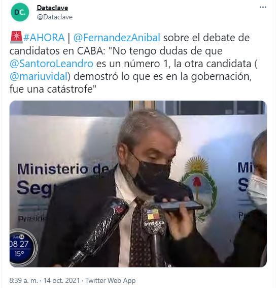 Consultado por el Debate Capital, Aníbal Fernández dijo que la gestión de María Eugenia Vidal en la provincia de Buenos Aires fue "una catástrofe".