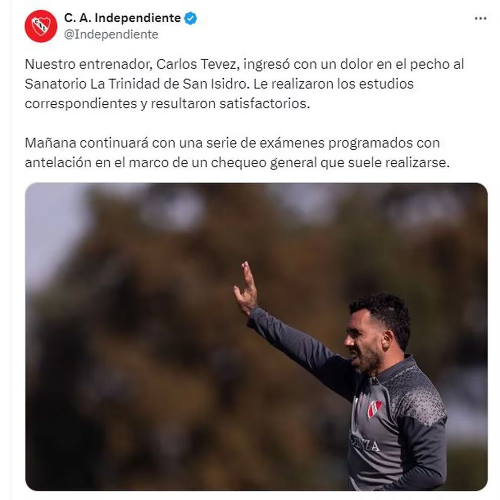 El mensaje de Independiente sobre la salud de Tevez.