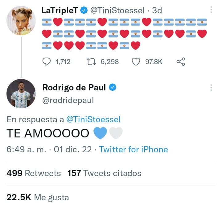 La respuesta de Rodrigo De Paul a Tini Stoessel