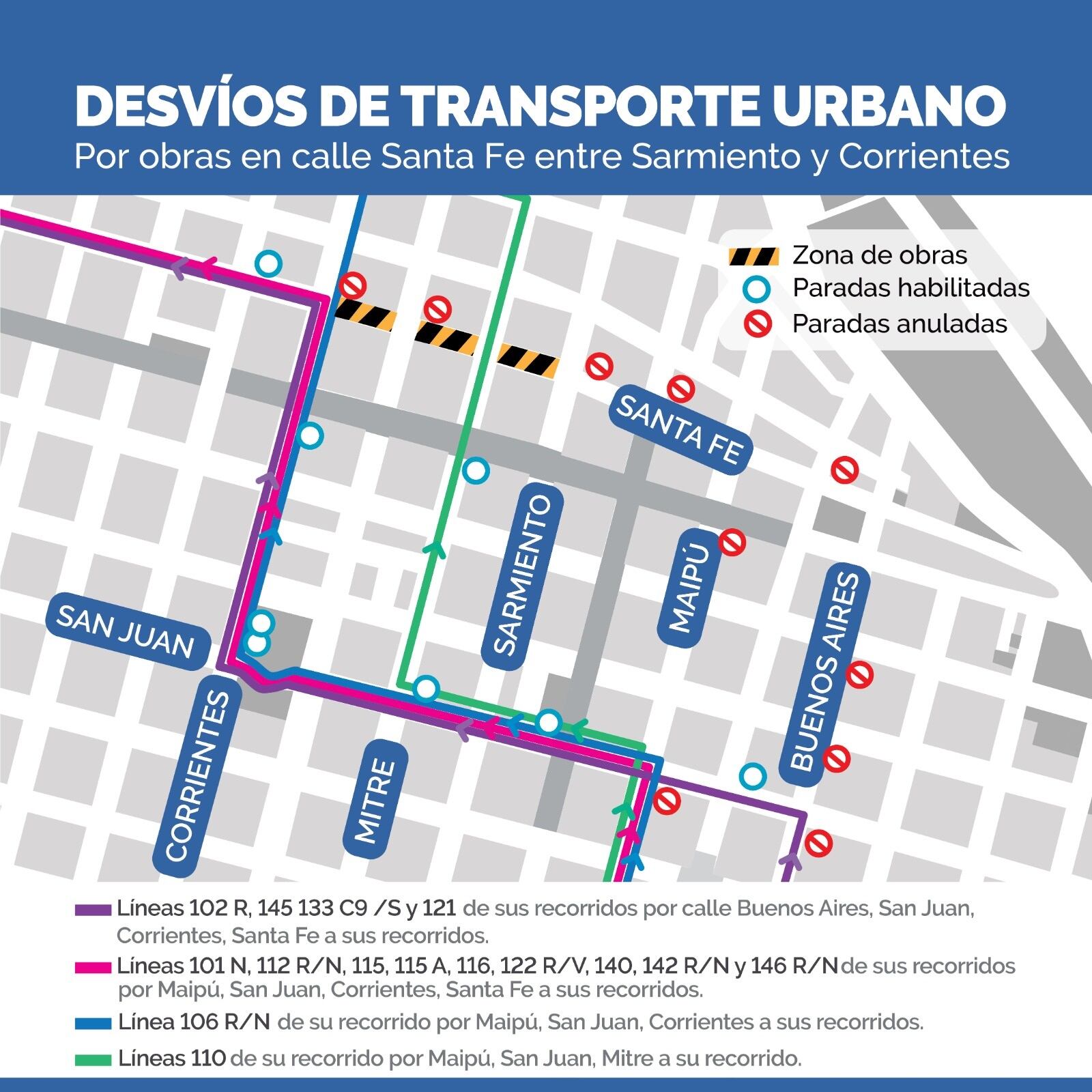 La mayoría de las líneas de colectivos circularán por San Juan hasta que finalice el proyecto.