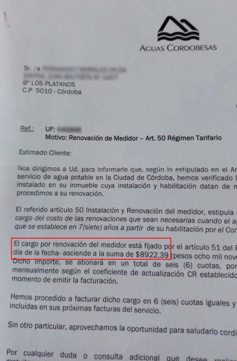 La notificación de Aguas Cordobesas con el monto a cobrar.