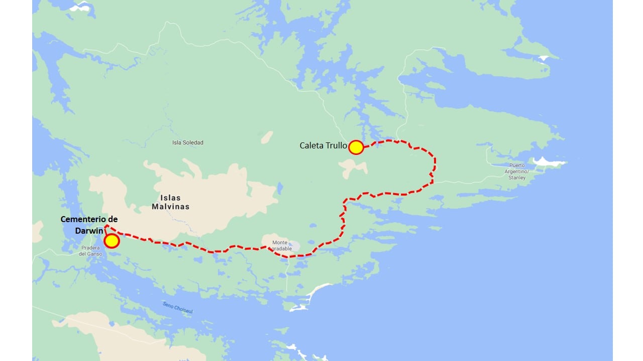 Despliegue del CICR desde el Cementerio de Darwin hacia caleta Trullo. Más de 80 kilómetros separan los dos puntos.