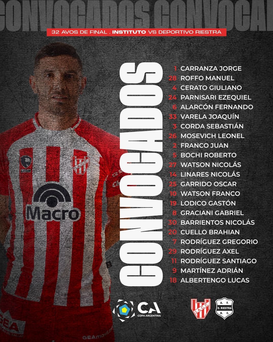 El plantel de Instituto para Copa Argentina. Dirige Daniel Miliki Jiménez.