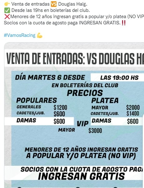 Los precios de localidades para el encuentro de Racing de este martes, ante Douglas Haig.