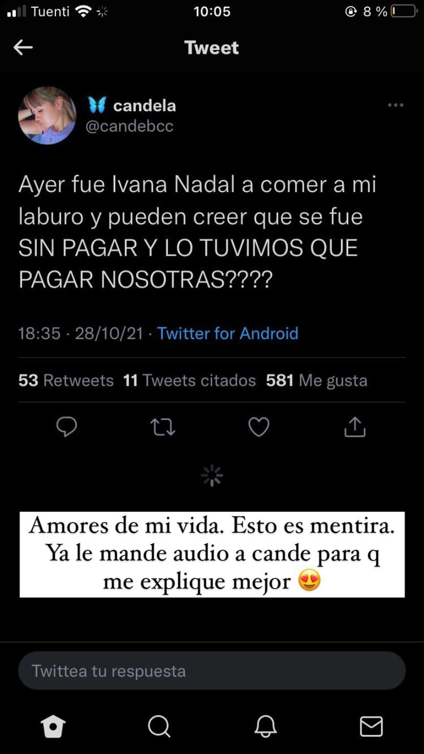 El tweet donde la acusan de irse sin pagar del bar.