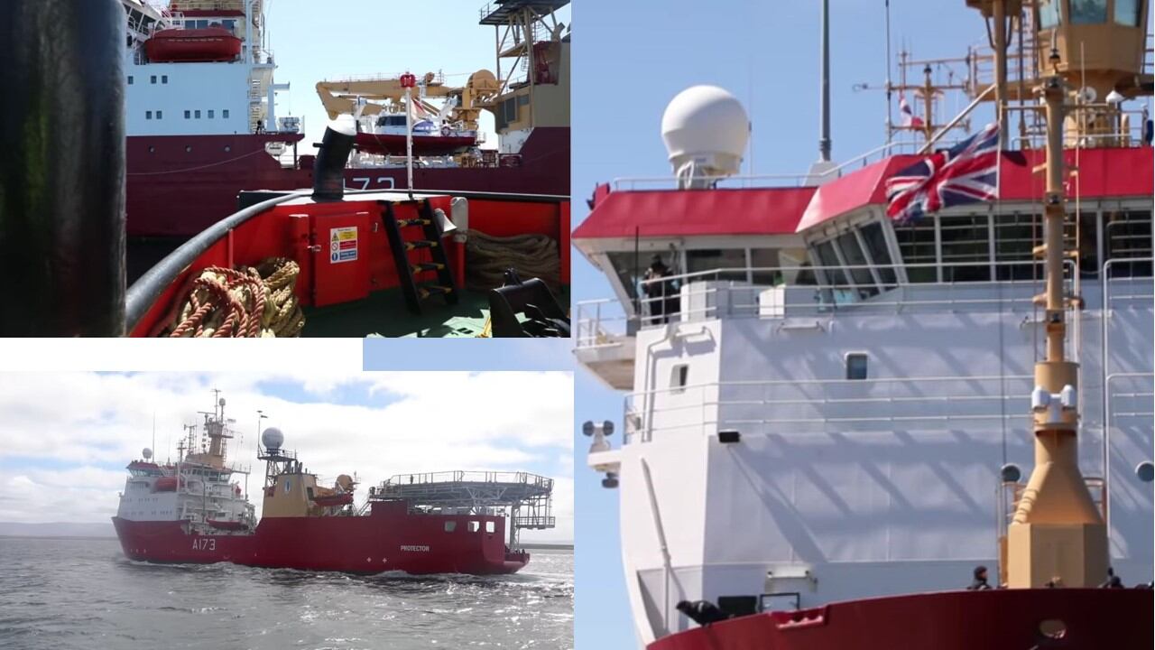 Llegada del HMS "PROTECTOR" a Puerto Yegua o Mare Harbour, centro Este de la Isla Soledad.