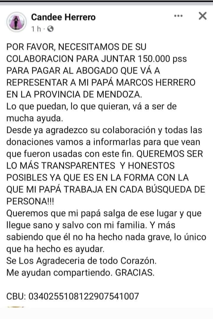 Publicación de Facebook de la hija de Marcos Herrero.