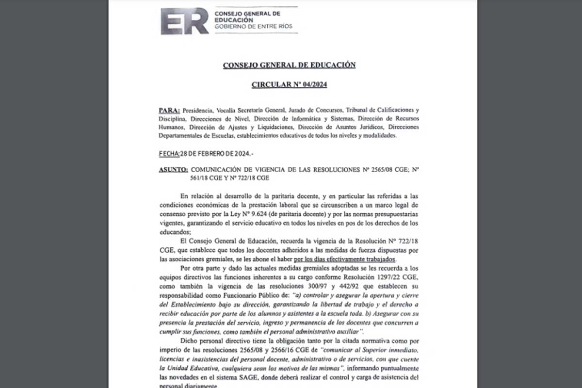 En la circular también se solicita a las escuelas garantizar la prestación del servicio de los docentes que no adhieran al paro.