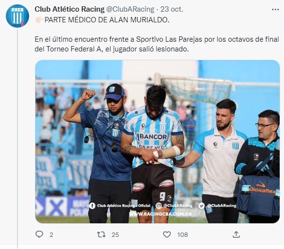 Alan Murialdo se fracturó el brazo y Racing lo pierde hasta el final del torneo.