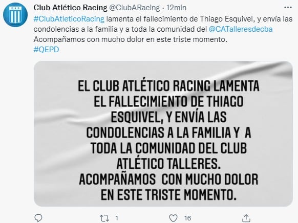 Racing de Nueva Italia y muchos clubes y portales de hinchas, hicieron llegar sus condolencias.