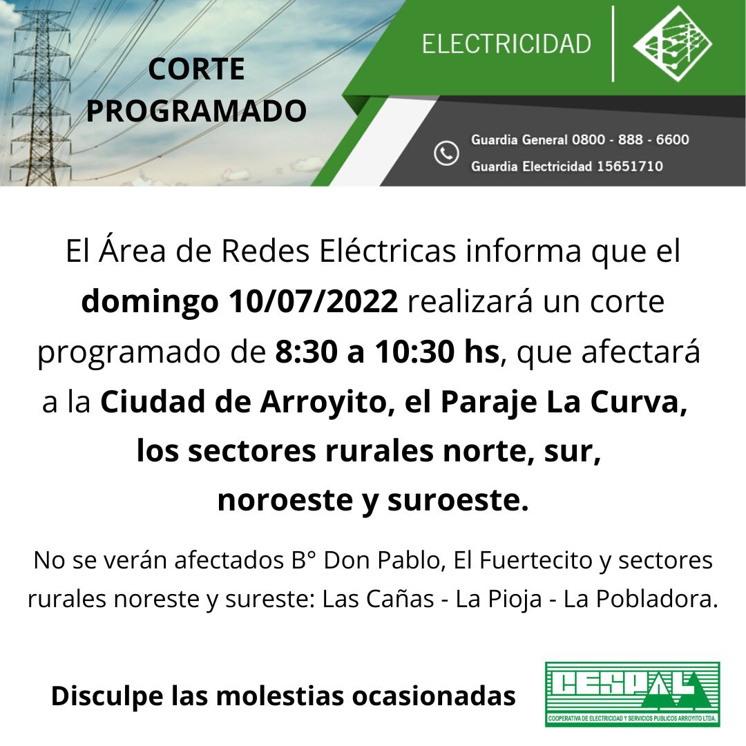 Corte de energía Cespal domingo 10 de julio