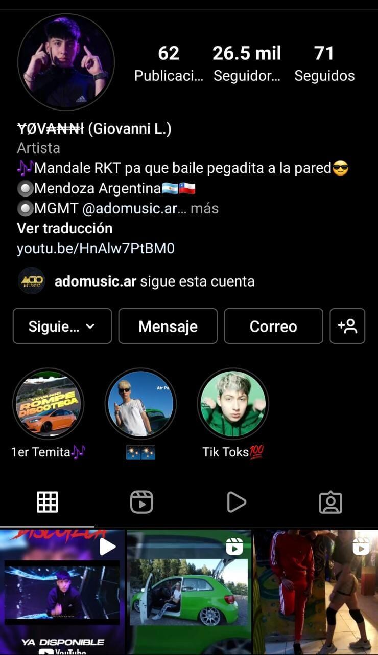 Perfil de Instagram de Yovanni, influencer y músico del género RKT.