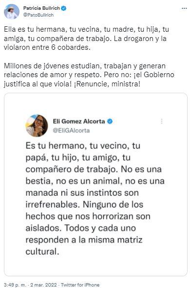 Patricia Bullrich le respondió a la ministra de la Mujer por sus dichos sobre la violación grupal en Palermo. (Captura de Twitter / @PatoBullrich)