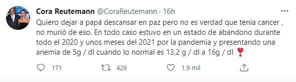 Cora Reutemann habló sobre el "estado de abandono" que vivía su padre.