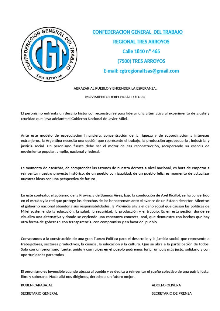 Comunicado de la CGT Regional Tres Arroyos: Abrazar al pueblo y encender la esperanza