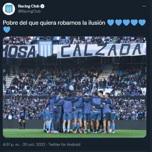 La cuenta oficial de Racing en Twitter no pierde la esperanza.