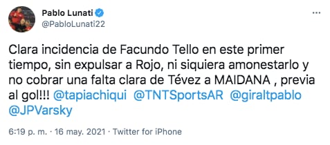 Pablo Lunati explotó por la falta no sancionada en el gol de Boca.