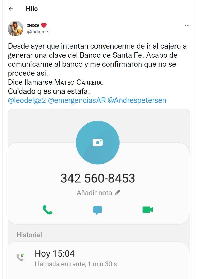 En las llamadas telefónicas se hacen pasar por personal del Banco de Santa Fe.